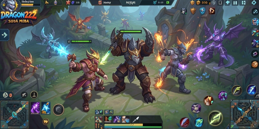 Screenshot gameplay DRAGON222 yang menampilkan pertempuran epik dalam permainan MOBA.