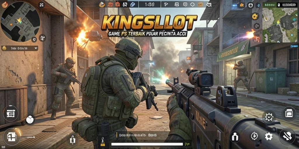Tangkapan layar gameplay KINGSLOT dengan aksi tembak-tembakan yang seru.